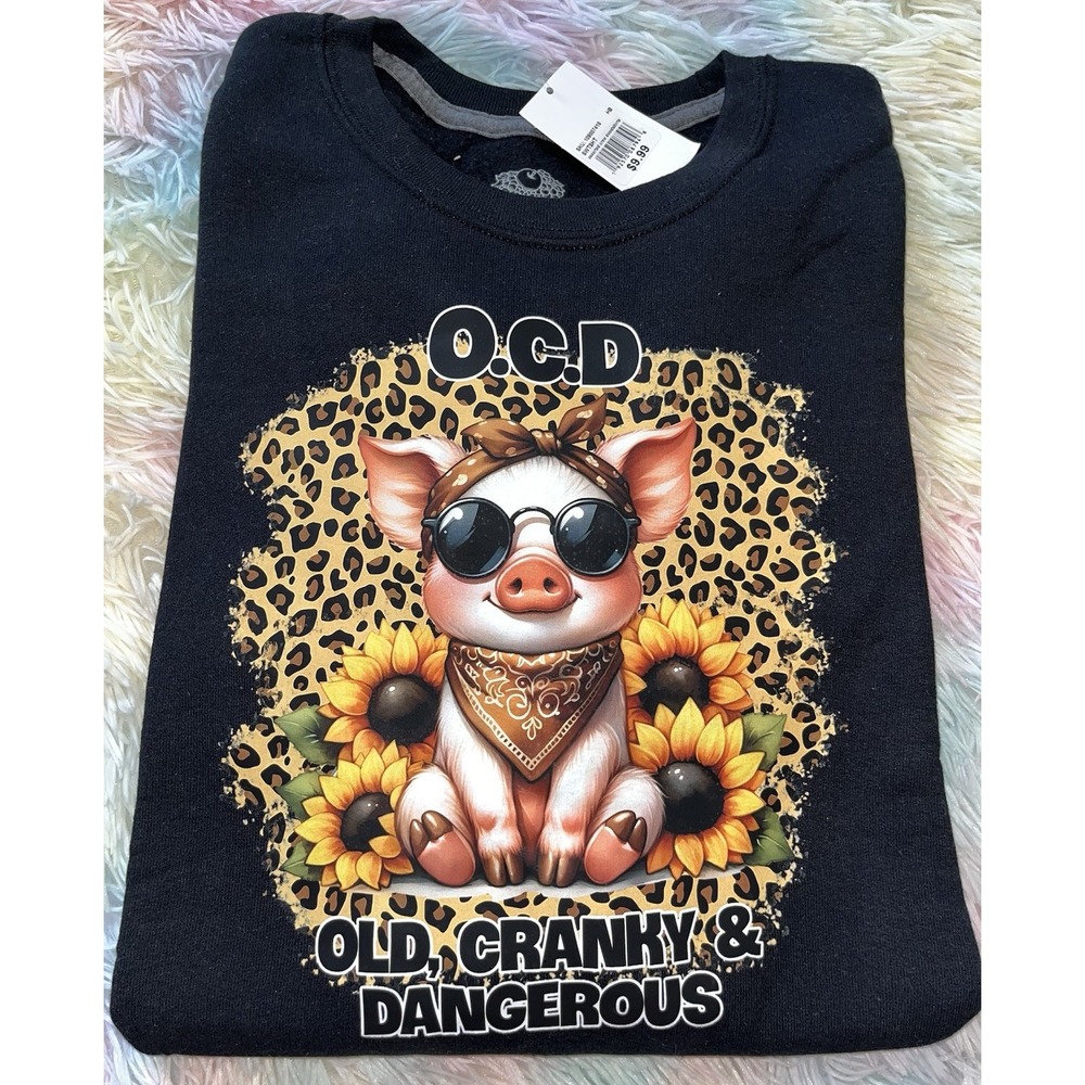 Women's Graphic Pullover Sweater O.C.D. Piggy Small NEW